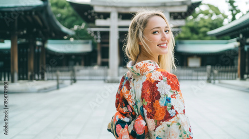 和服姿の外国人女性が日本の観光地を歩きながら笑顔を見せる魅力的なシーン、文化体験や旅行の魅力を伝えるビジュアル、街並みや伝統的な背景と調和する雰囲気、観光広告や動画素材にも最適な構図
