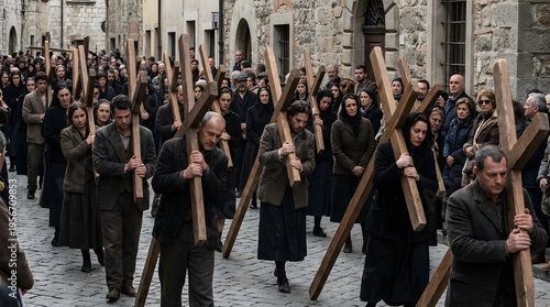 Religious procession during good Friday with people carrying wooden crosses Good Friday Crosses