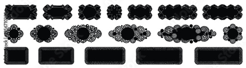Set of various black decorative frames and ornate labels including silhouette borders and vintage graphic shapes for creative design and scrapbooking isolated on white background for use