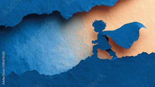 Child in superhero cape running on torn paper background - Concept of International Children's Day  