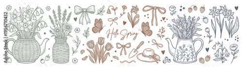 Large collection of hand drawn spring and gardening line art illustrations featuring teapots with flowers tulips butterflies and garden tools isolated on white for commercial design use