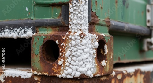 A close-up of a green shipping container's corner casting showing severe rust and white crystalline salt/oxidation deposits.