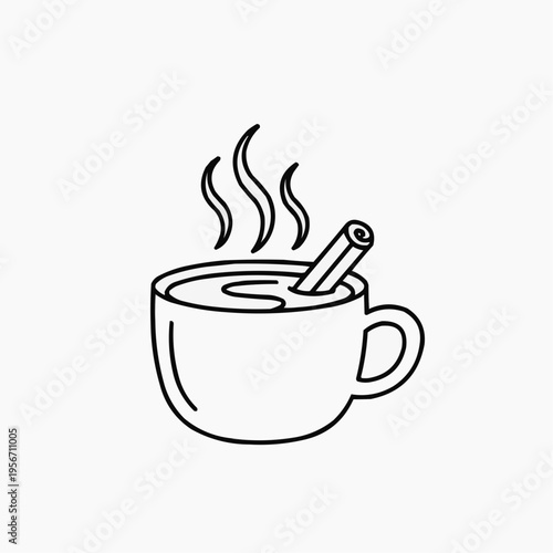 Hot cocoa mug with cinnamon stick and steam rising  
