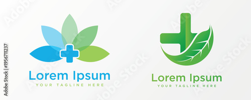 Healthcare logo designs featuring leaves and a medical cross symbol