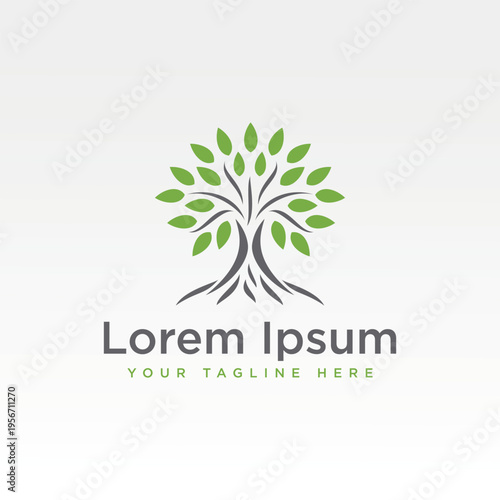 Stylized green tree logo representing growth life and natures interconnectedness with roots and sample text below it