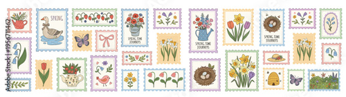 Large collection of vintage spring postage stamps and stickers with hand-drawn garden flowers bird nest goose and butterflies isolated on white background for seasonal greeting card design