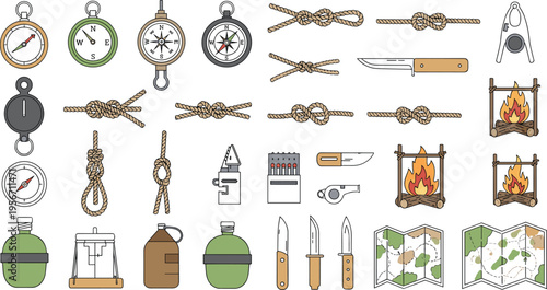 Camping Survival Gear Icons Set with Compass Knots Knife Fire Lantern Maps and Outdoor Equipment Flat Vector Illustration Collection
