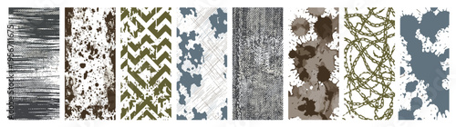 Collection of nine vertical grunge texture panels with abstract distressed patterns splatters ink blots and geometric designs isolated on white for creative graphic background projects