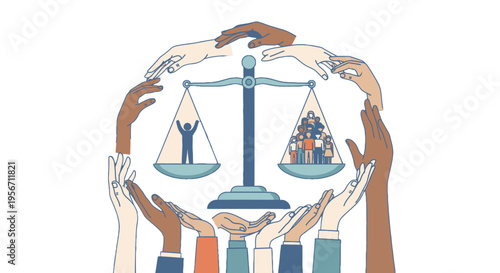 Diverse hands supporting balance scale.