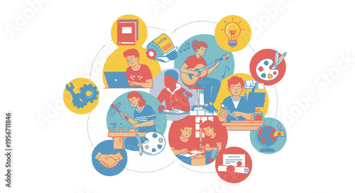 A colorful illustration of various lifestyle icons.