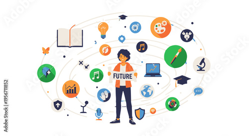 a man surrounded by various icons representing education and learning.