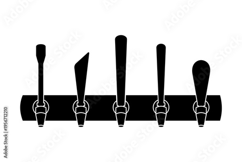 Row of draught beer taps on the bar at a pub or restaurant black silhouette vector