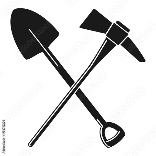 Spade and pick axe crossed over in a symbol of strength often used in industrial or mining sectors in black silhouette vector