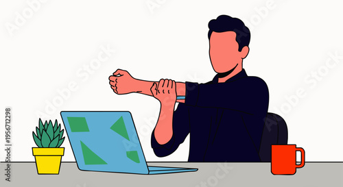 Professional taking a mindful break, stretching arms to relieve tension at a modern office desk with laptop, promoting health and wellness at work.