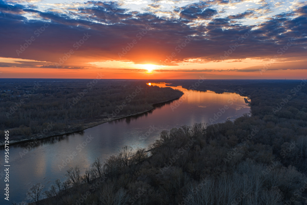 Fototapeta premium Aerial sunset over Vistula River near Warsaw in Mazovia, Poland