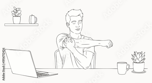 Line art illustration: Man stretching arm at desk, promoting office ergonomics, self-care, and wellness. Healthy work habits for stress relief during computer breaks.