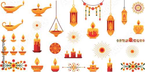 Diwali Festival Decoration Elements Set with Diyas, Candles, Lanterns, Rangoli, Lights and Traditional Indian Celebration Vector Illustration
