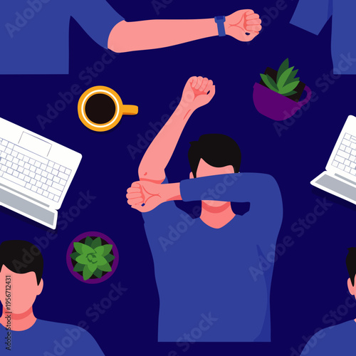 Overworked man at desk with laptops and coffee, feeling tired and stressed, modern flat illustration