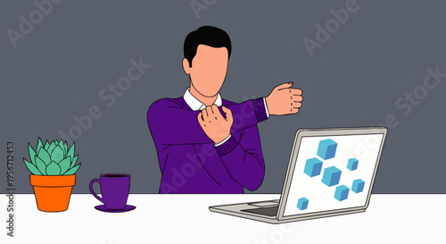Businessman stretching at desk with laptop and coffee, promoting wellness and break time in the office.