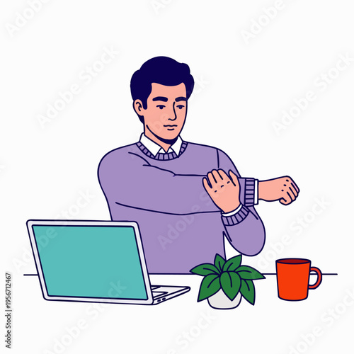 Man stretching at office desk with laptop, coffee mug, and plant, promoting well-being and ergonomics