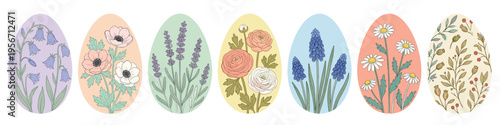 Collection of vintage hand drawn Easter eggs with beautiful botanical floral patterns like daisy lavender and anemone isolated on white for spring holiday greeting card design projects