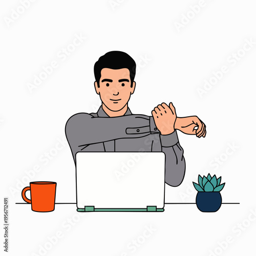 Man stretching arms at desk with laptop, coffee mug, and plant, representing work-life balance and office wellness.