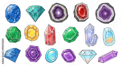 Collection of Colorful Gemstones and Crystals, Watercolor Style