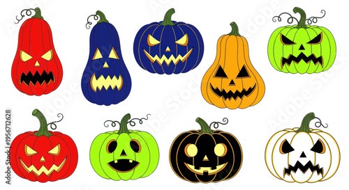 Collection of colorful carved Halloween pumpkins with glowing eyes and mouths