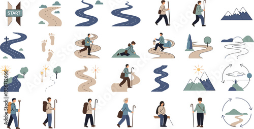 Hiking Adventure Elements Set with Trekking Characters, Mountain Landscapes, Trail Paths, Camping Scenes and Outdoor Travel Vector Illustration