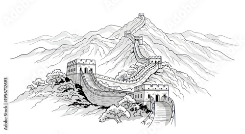 Great Wall of China, ancient fortification, mountainous landscape, ink drawing, historical landmark