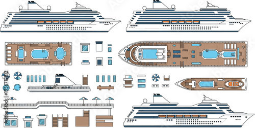 Luxury Cruise Ship Construction Vector Set Featuring Vessel Side View Deck Plan Layout Swimming Pool Details And Maritime Architectural Elements For Marine Tourism Engineering