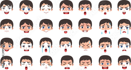 Male Facial Expression Set with Different Emotions Including Happy Sad Angry Crying Surprised Faces Cartoon Vector Illustration Collection