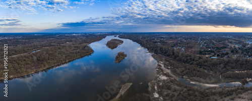 Aerial panorama of Vistula River near Warsaw at sunset light
