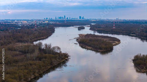 Aerial view of Vistula River toward central Warsaw skyline