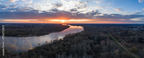 Aerial sunrise over Vistula River meanders near Warsaw, Poland