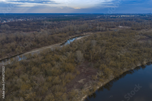 Aerial view of the Vistula River floodplains near Warsaw in winter