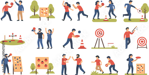 Outdoor Backyard Games Vector Set Featuring People Playing Ring Toss Target Shooting And Ball Games For Summer Festival Family Reunion And Recreational Party Background