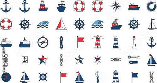 Nautical Icon Vector Set Featuring Anchor Ship Lighthouse Compass And Steering Wheel Symbols For Marine Voyage Sailing Adventure Ocean Travel And Maritime Decoration