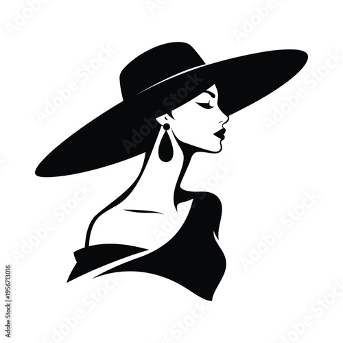 A minimalist black and white silhouette illustration of a sophisticated woman wearing a wide hat