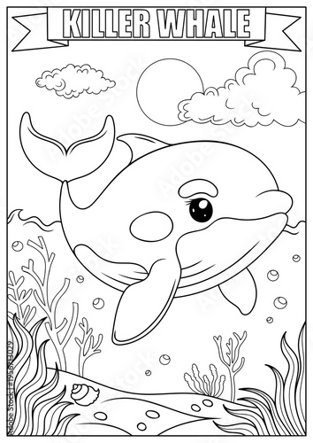 A cute killer whale in a sea world — a custom coloring page for kids. Coloring page for kids.