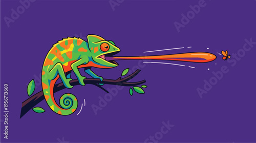 Chameleon on a branch shooting tongue.