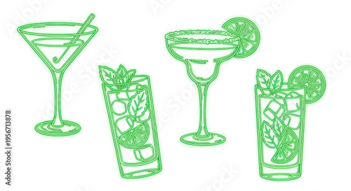 Refreshing Green Cocktails Isolated on White Background, Summer Drinks