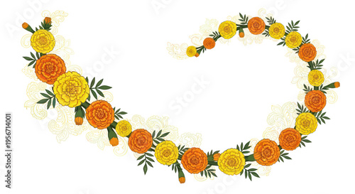 Heart Shaped Marigold Garland Floral Decoration Isolated on White Background