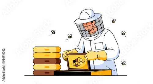 Beekeeper in a protective suit at an apiary holding a honeycomb frame with bees flying around. Vector illustration.