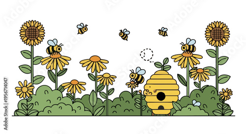 Cute cartoon bees pollinating sunflowers in a summer garden with a beehive. Vector illustration.