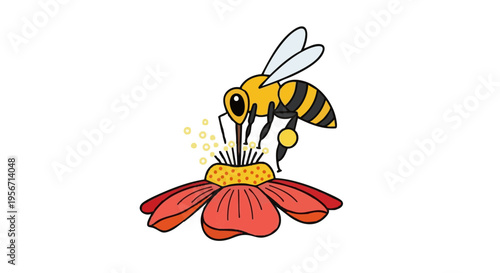 Cartoon bee pollinating a red flower. Vector illustration of an insect collecting nectar isolated on white background.