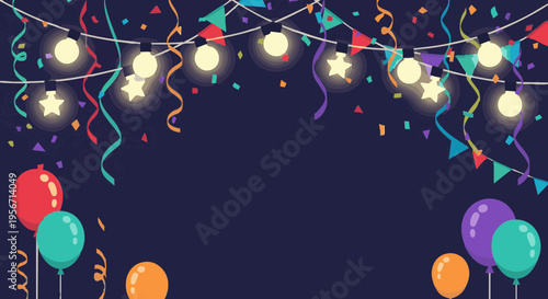 Festive celebration background with glowing string lights, colorful balloons, and confetti on a dark blue backdrop.