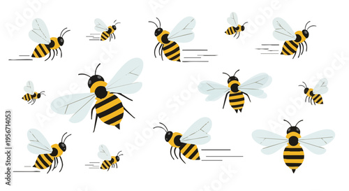 A swarm of cartoon bees flying on a white background. Vector illustration.