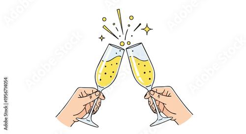 Hands toasting with sparkling wine glasses. Vector illustration of a celebration, anniversary, or party.