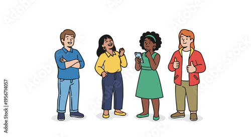 Group of diverse friends standing together, laughing and interacting. Cartoon vector illustration isolated on white background.